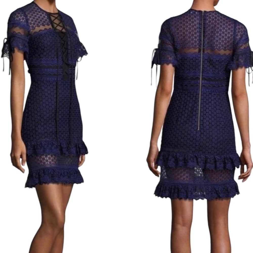 Parker Short Sleeve Lace & Lace Up Front Tiered Ruffled BLACK Lined Midi Dress - Picture 1 of 16